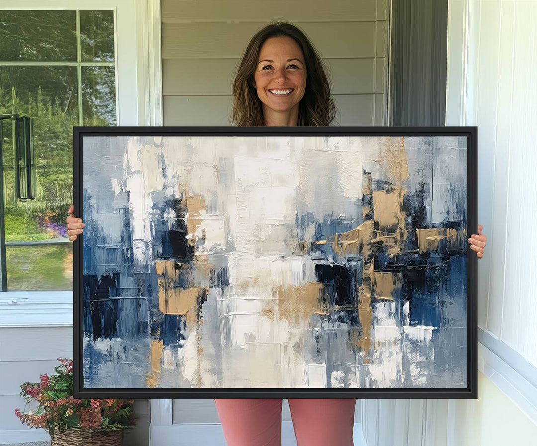 44344-MGV-CV-36X24-Modern Abstract Canvas Wall Art in Blue and Gold Tones | Large Contemporary Art for Living Room, Office, or Bedroom Décor