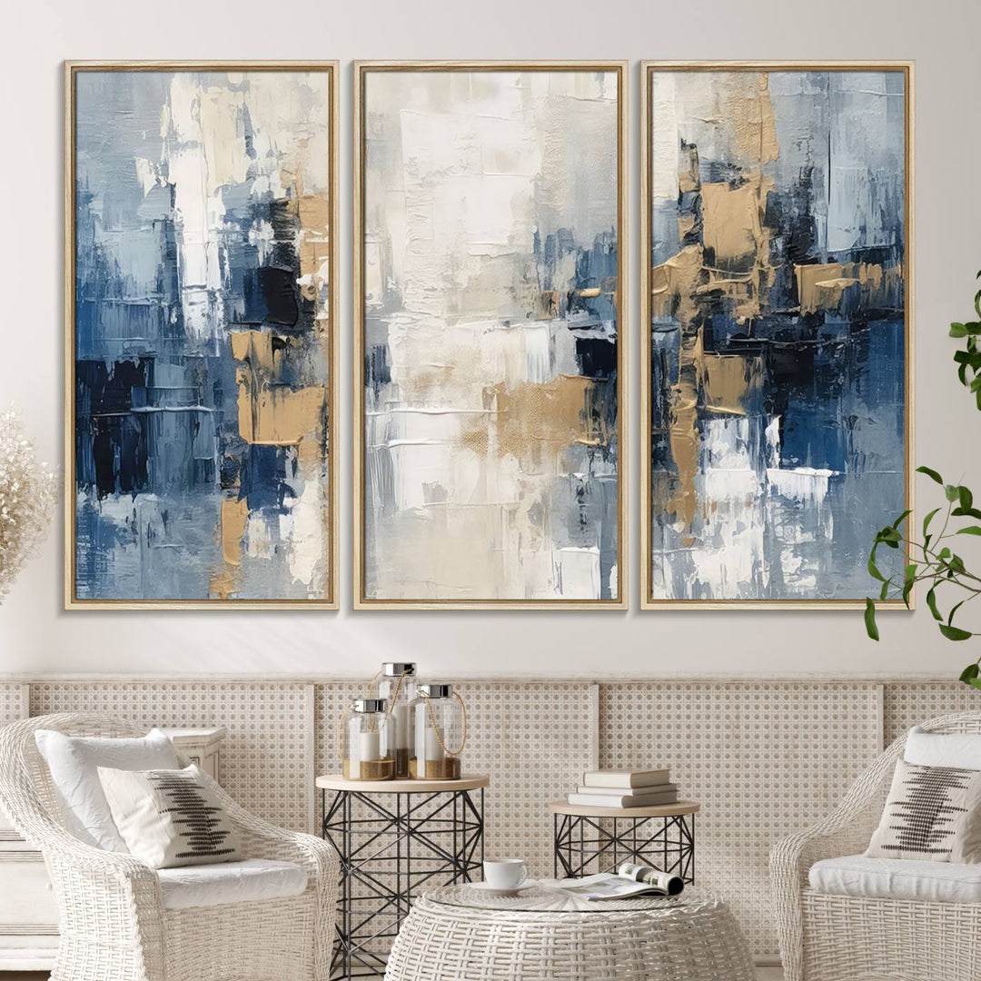 44344-MGV-CV-36X24-Modern Abstract Canvas Wall Art in Blue and Gold Tones | Large Contemporary Art for Living Room, Office, or Bedroom Décor