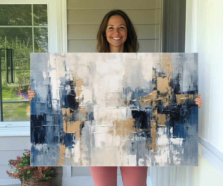 Modern Abstract Canvas Wall Art in Blue and Gold Tones | Large Contemporary Art for Living Room, Office, or Bedroom Décor