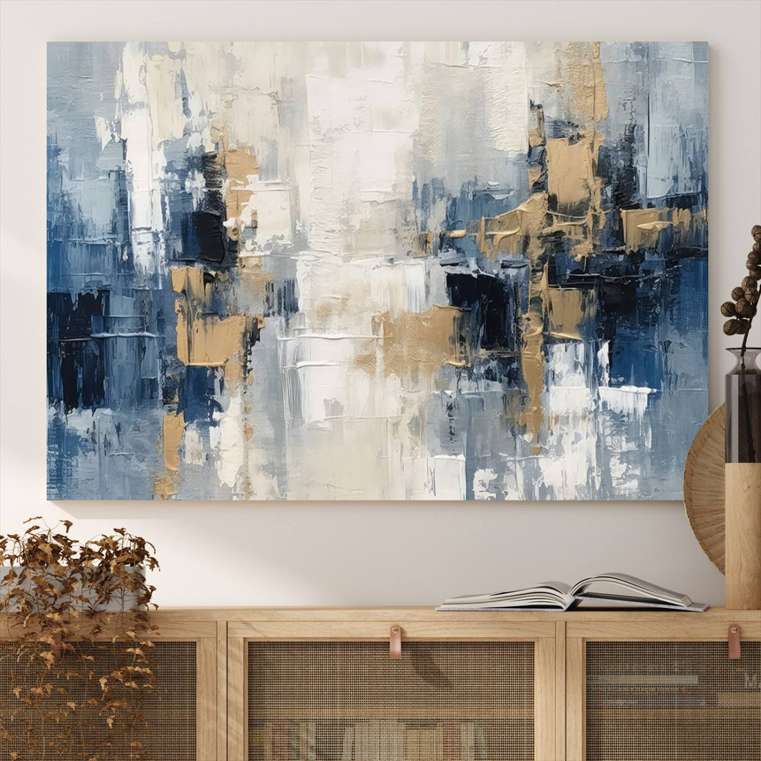 Modern Abstract Canvas Wall Art in Blue and Gold Tones | Large Contemporary Art for Living Room, Office, or Bedroom Décor