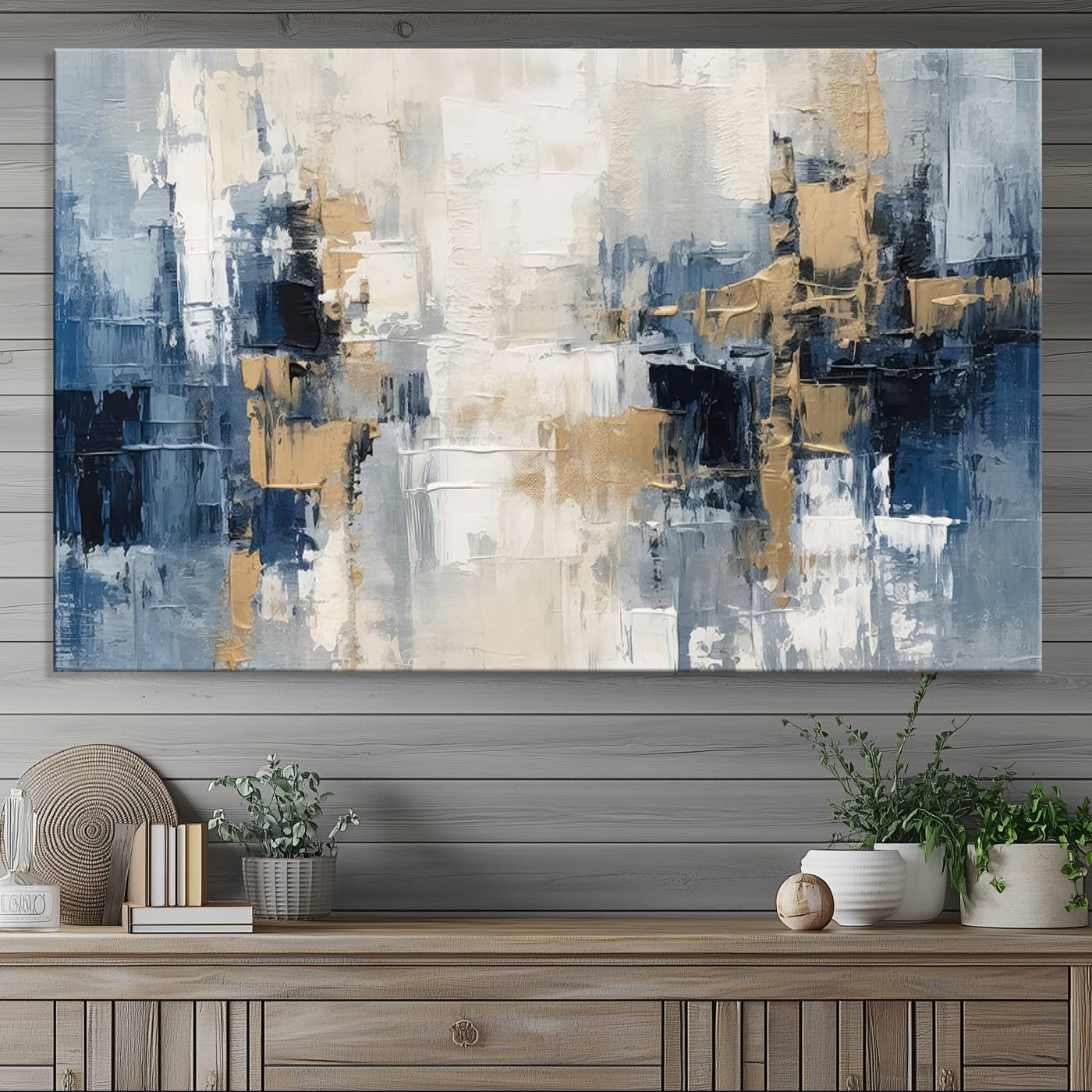 44344-MGV-CV-36X24-Modern Abstract Canvas Wall Art in Blue and Gold Tones | Large Contemporary Art for Living Room, Office, or Bedroom Décor