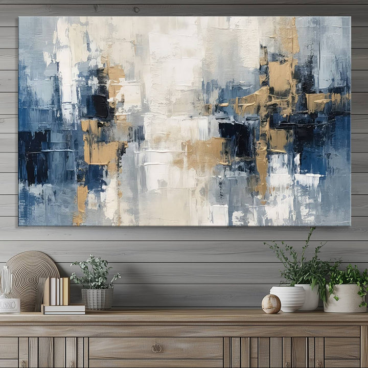 Modern Abstract Canvas Wall Art in Blue and Gold Tones | Large Contemporary Art for Living Room, Office, or Bedroom Décor
