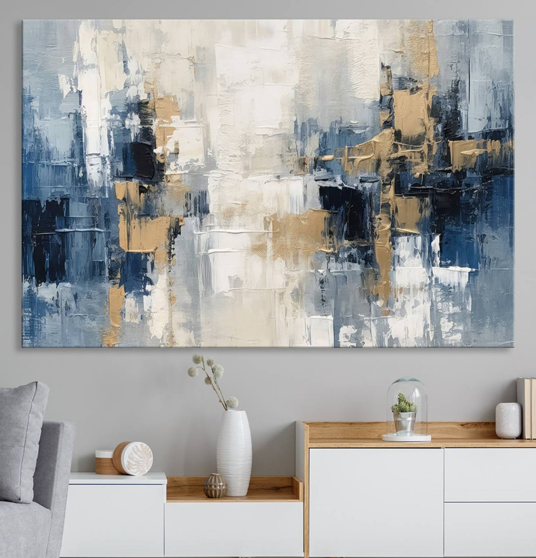 Modern Abstract Canvas Wall Art in Blue and Gold Tones | Large Contemporary Art for Living Room, Office, or Bedroom Décor