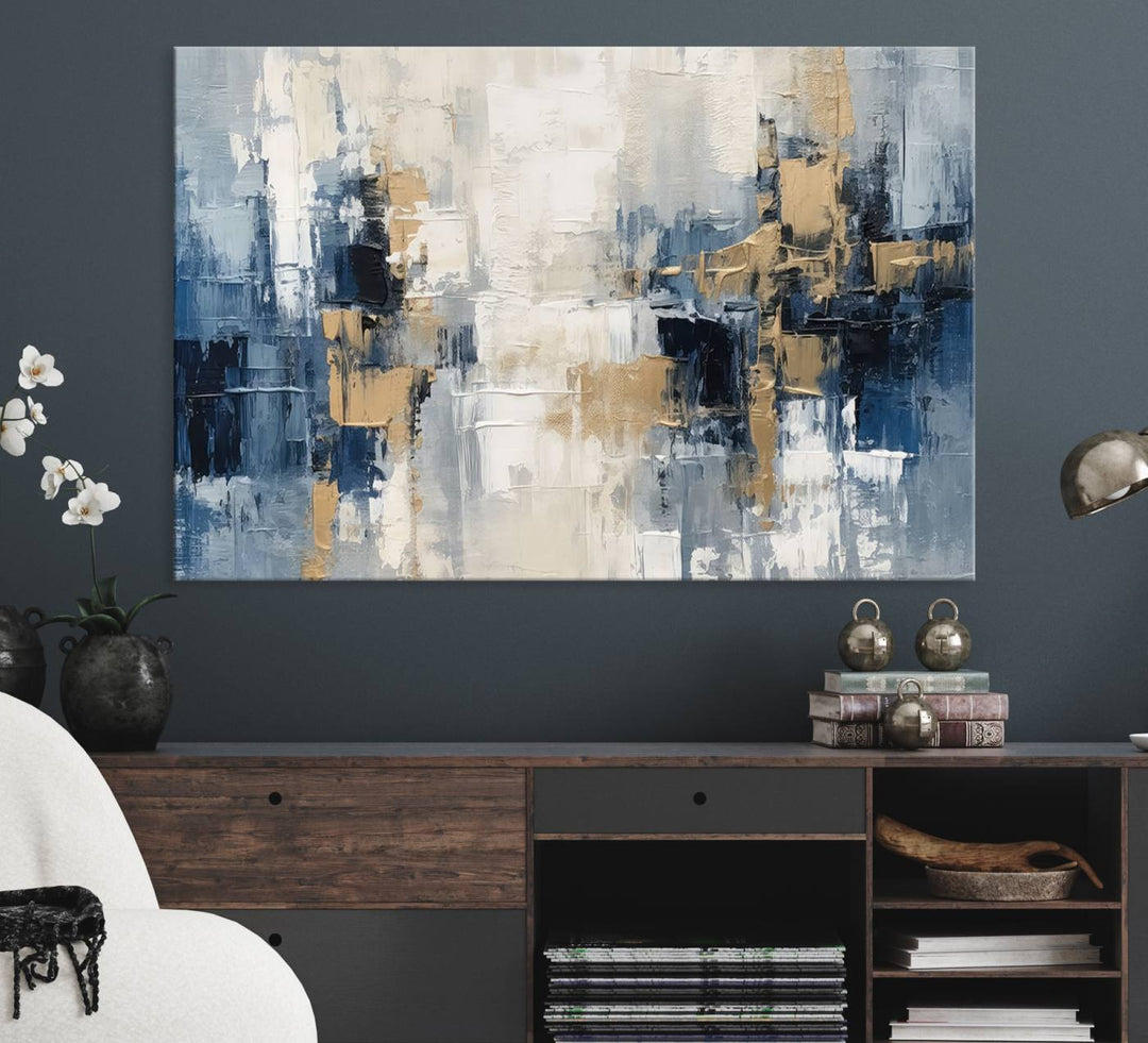 Modern Abstract Canvas Wall Art in Blue and Gold Tones | Large Contemporary Art for Living Room, Office, or Bedroom Décor