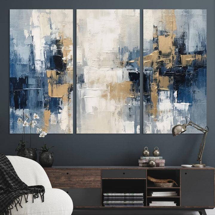 Modern Abstract Canvas Wall Art in Blue and Gold Tones | Large Contemporary Art for Living Room, Office, or Bedroom Décor