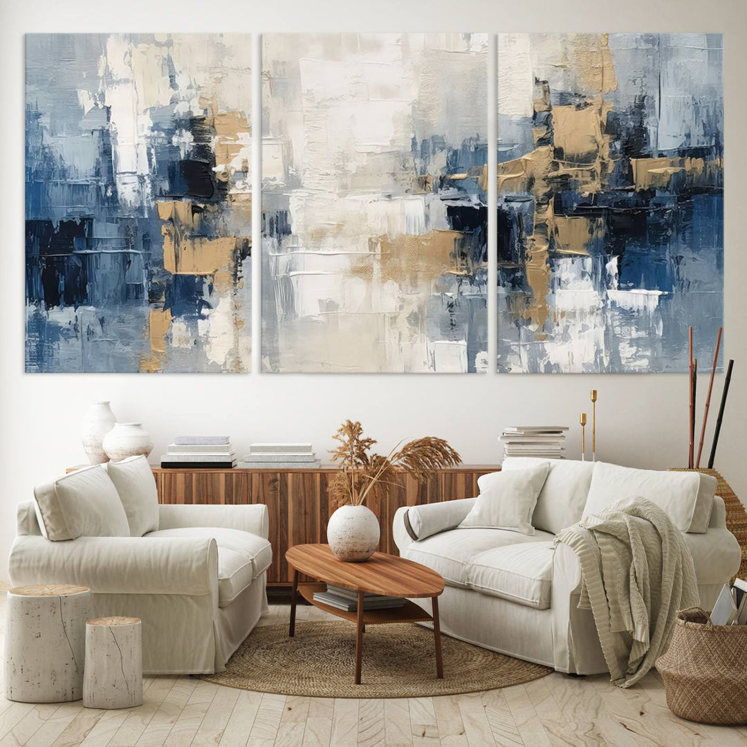 Modern Abstract Canvas Wall Art in Blue and Gold Tones | Large Contemporary Art for Living Room, Office, or Bedroom Décor