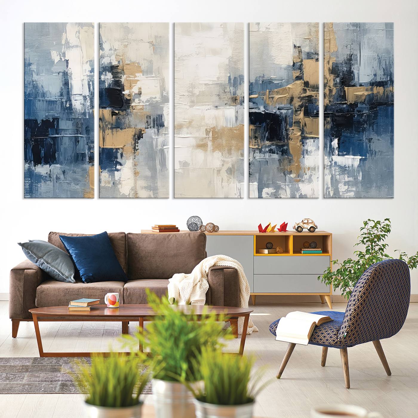 44344-MGV-CV-60X31-5P-Modern Abstract Canvas Wall Art in Blue and Gold Tones | Large Contemporary Art for Living Room, Office, or Bedroom Décor