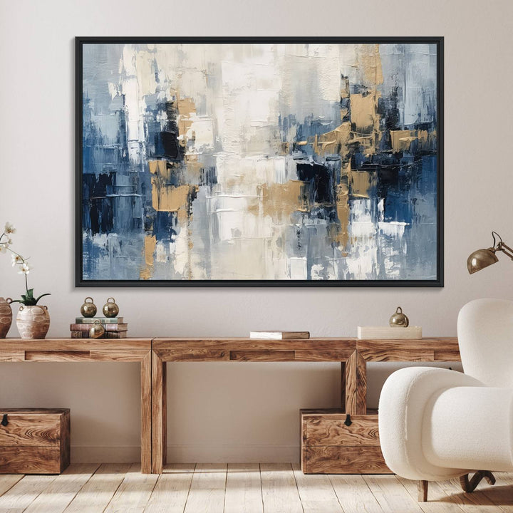 44344-MGV-FC-36X24_Black-Modern Abstract Canvas Wall Art in Blue and Gold Tones | Large Contemporary Art for Living Room, Office, or Bedroom Décor