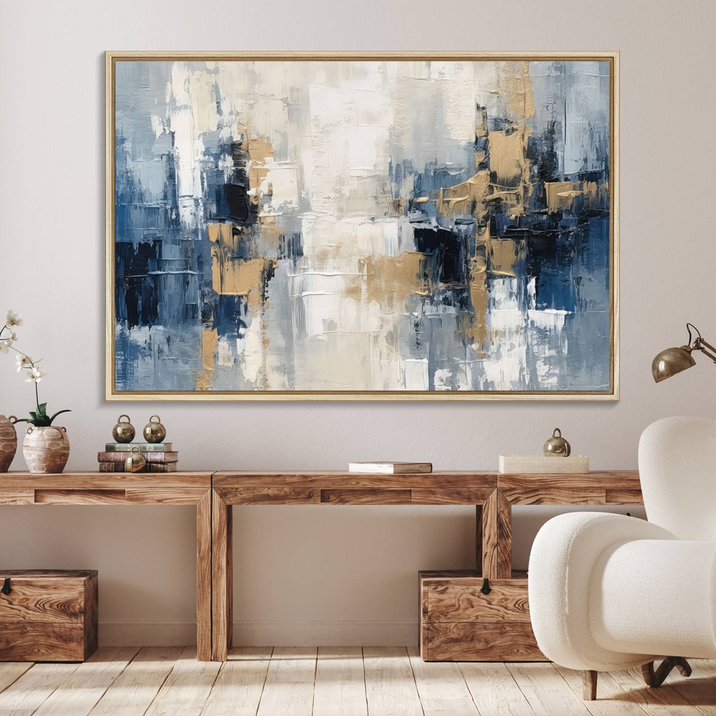 44344-MGV-FC-36X24_Natural-Modern Abstract Canvas Wall Art in Blue and Gold Tones | Large Contemporary Art for Living Room, Office, or Bedroom Décor