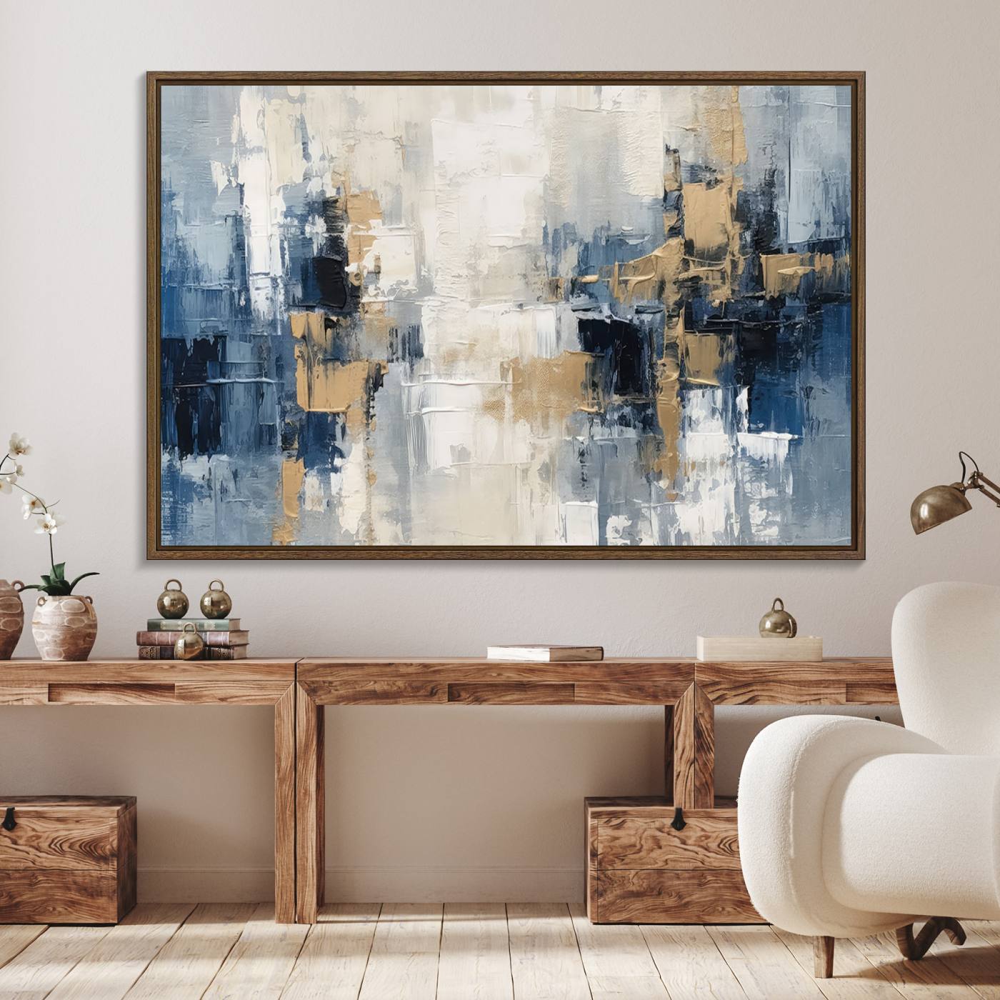 44344-MGV-FC-36X24_Walnut-Modern Abstract Canvas Wall Art in Blue and Gold Tones | Large Contemporary Art for Living Room, Office, or Bedroom Décor