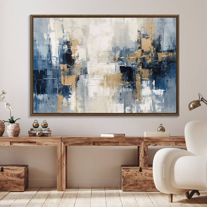 Modern Abstract Canvas Wall Art in Blue and Gold Tones | Large Contemporary Art for Living Room, Office, or Bedroom Décor