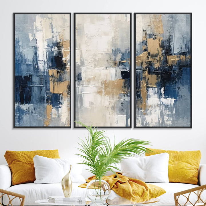 44344-MGV-FC-48X32-3P_Black-Modern Abstract Canvas Wall Art in Blue and Gold Tones | Large Contemporary Art for Living Room, Office, or Bedroom Décor