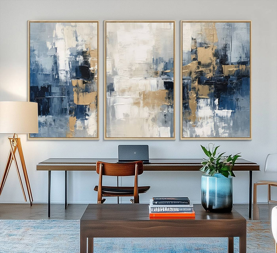 44344-MGV-FC-48X32-3P_Natural-Modern Abstract Canvas Wall Art in Blue and Gold Tones | Large Contemporary Art for Living Room, Office, or Bedroom Décor