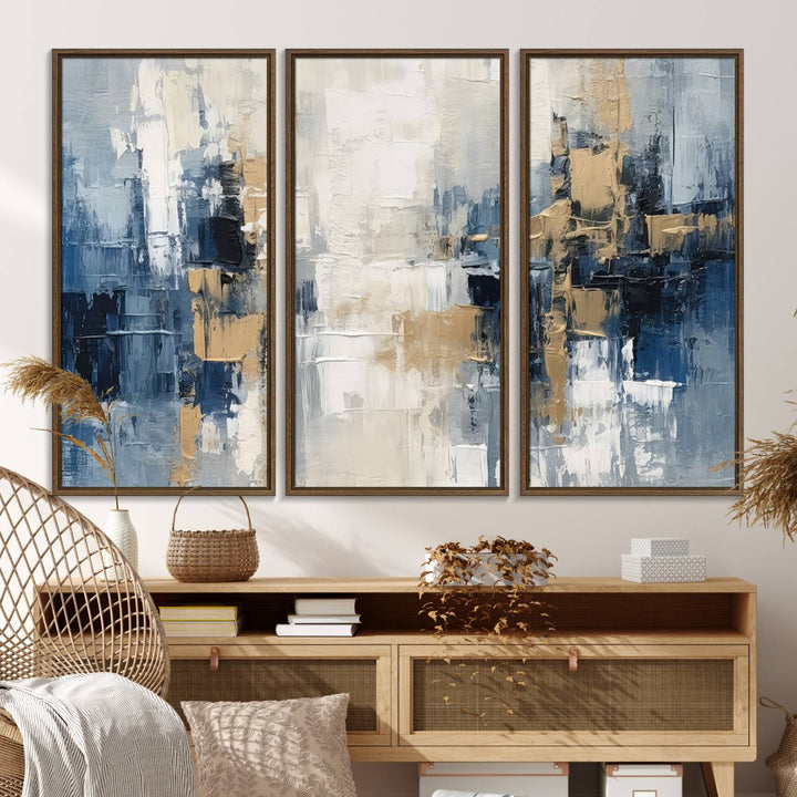 44344-MGV-FC-48X32-3P_Walnut-Modern Abstract Canvas Wall Art in Blue and Gold Tones | Large Contemporary Art for Living Room, Office, or Bedroom Décor
