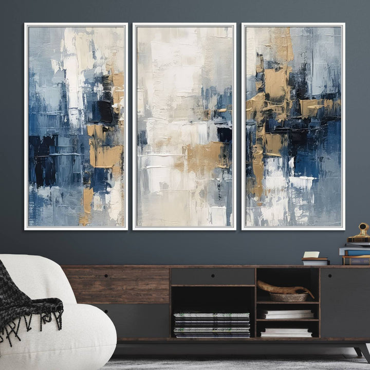 44344-MGV-FC-48X32-3P_White-Modern Abstract Canvas Wall Art in Blue and Gold Tones | Large Contemporary Art for Living Room, Office, or Bedroom Décor