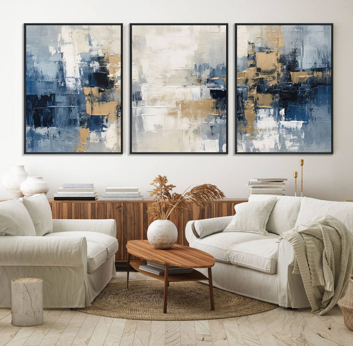 44344-MGV-FC-60X30-3P_Black-Modern Abstract Canvas Wall Art in Blue and Gold Tones | Large Contemporary Art for Living Room, Office, or Bedroom Décor