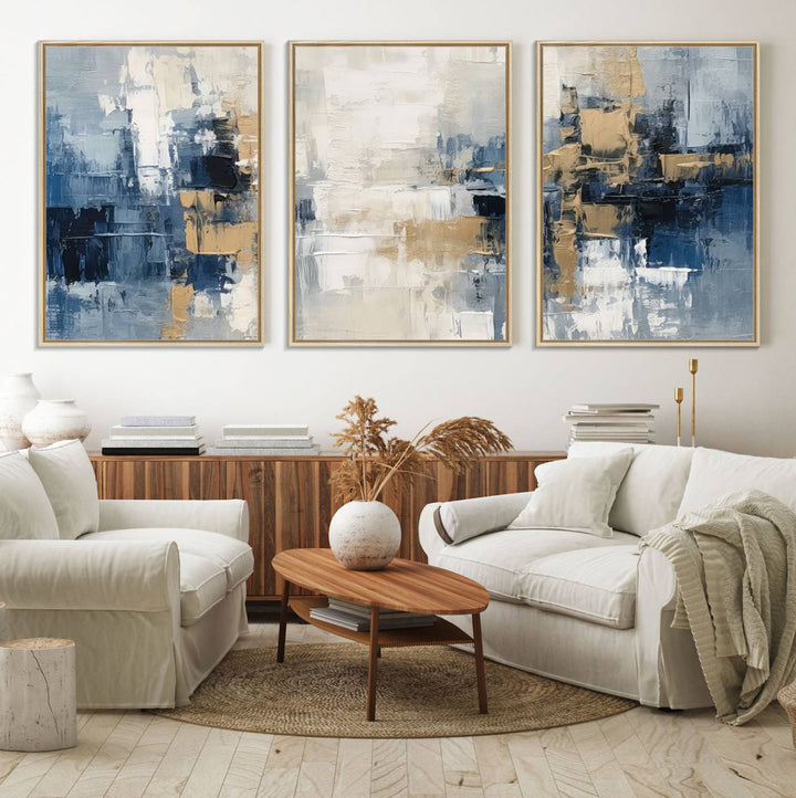44344-MGV-FC-60X30-3P_Natural-Modern Abstract Canvas Wall Art in Blue and Gold Tones | Large Contemporary Art for Living Room, Office, or Bedroom Décor