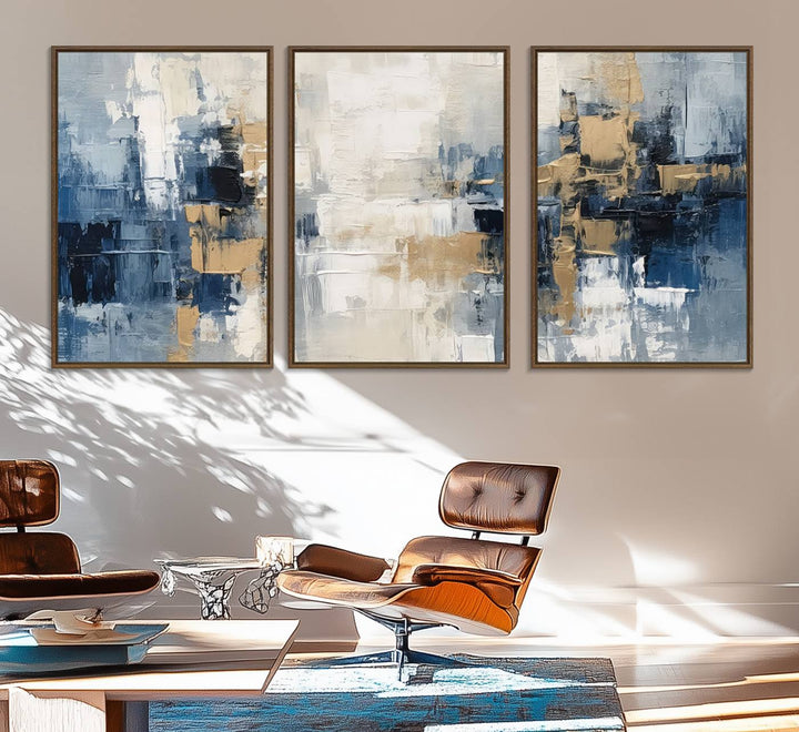 44344-MGV-FC-60X30-3P_Walnut-Modern Abstract Canvas Wall Art in Blue and Gold Tones | Large Contemporary Art for Living Room, Office, or Bedroom Décor