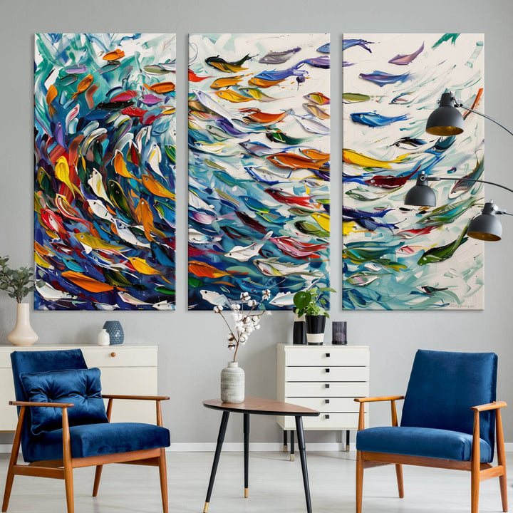 Modern Abstract Fish Shoal Wall Art Canvas Print, Colorful Fish Herd Painting on Canvas Print, Ocean Animal Artwork Ready to Hang Home Decor