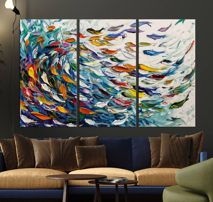 Modern Abstract Fish Shoal Wall Art Canvas Print, Colorful Fish Herd Painting on Canvas Print, Ocean Animal Artwork Ready to Hang Home Decor