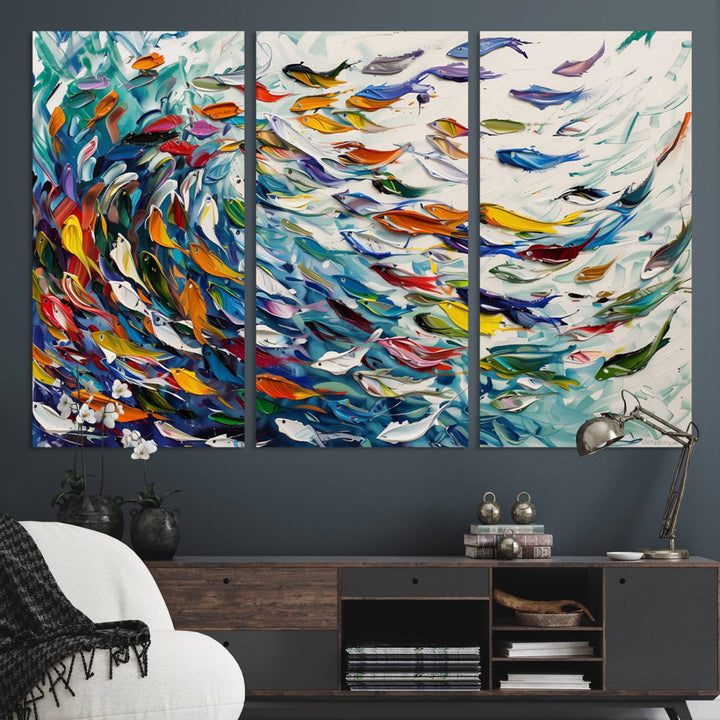 Modern Abstract Fish Shoal Wall Art Canvas Print, Colorful Fish Herd Painting on Canvas Print, Ocean Animal Artwork Ready to Hang Home Decor