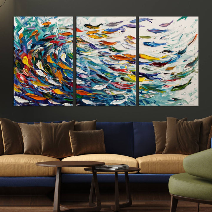 Modern Abstract Fish Shoal Wall Art Canvas Print, Colorful Fish Herd Painting on Canvas Print, Ocean Animal Artwork Ready to Hang Home Decor