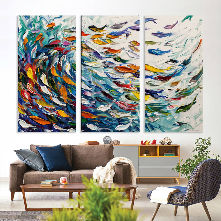 Modern Abstract Fish Shoal Wall Art Canvas Print, Colorful Fish Herd Painting on Canvas Print, Ocean Animal Artwork Ready to Hang Home Decor