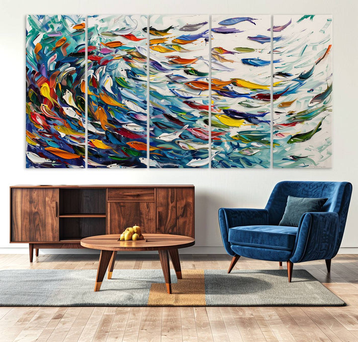 Modern Abstract Fish Shoal Wall Art Canvas Print, Colorful Fish Herd Painting on Canvas Print, Ocean Animal Artwork Ready to Hang Home Decor