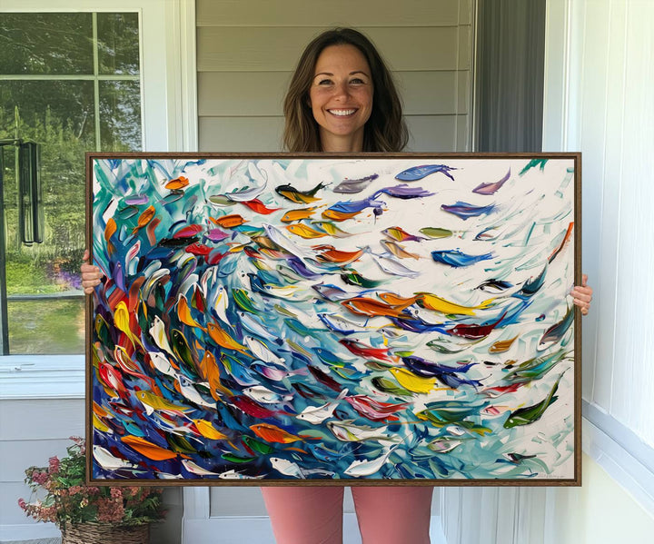 80105-MGV-CV-36X24-Modern Abstract Fish Shoal Wall Art Canvas Print, Colorful Fish Herd Painting on Canvas Print, Ocean Animal Artwork Ready to Hang Home Decor