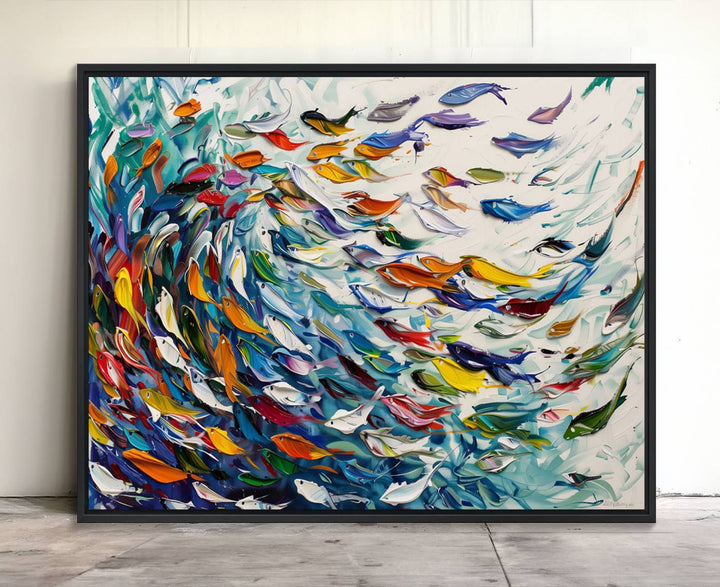 80105-MGV-CV-36X24-Modern Abstract Fish Shoal Wall Art Canvas Print, Colorful Fish Herd Painting on Canvas Print, Ocean Animal Artwork Ready to Hang Home Decor