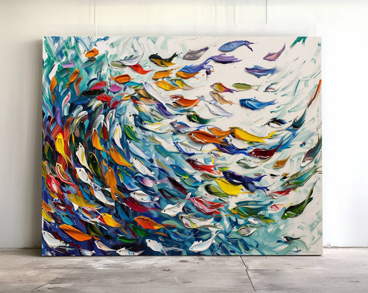 Modern Abstract Fish Shoal Wall Art Canvas Print, Colorful Fish Herd Painting on Canvas Print, Ocean Animal Artwork Ready to Hang Home Decor