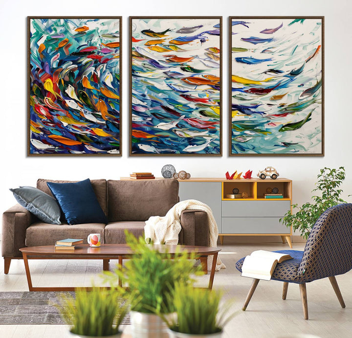 80105-MGV-CV-36X24-Modern Abstract Fish Shoal Wall Art Canvas Print, Colorful Fish Herd Painting on Canvas Print, Ocean Animal Artwork Ready to Hang Home Decor