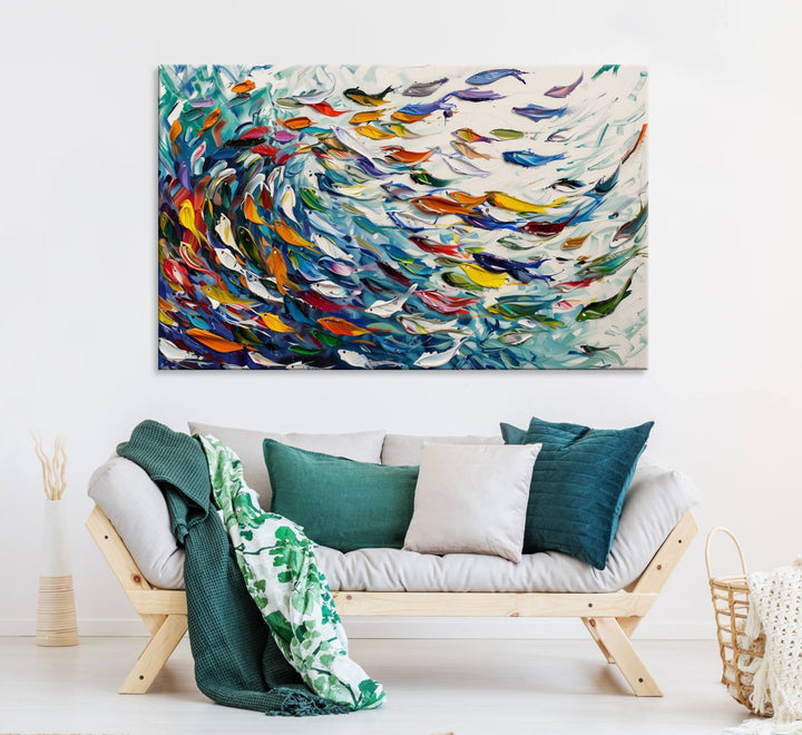 Modern Abstract Fish Shoal Wall Art Canvas Print, Colorful Fish Herd Painting on Canvas Print, Ocean Animal Artwork Ready to Hang Home Decor