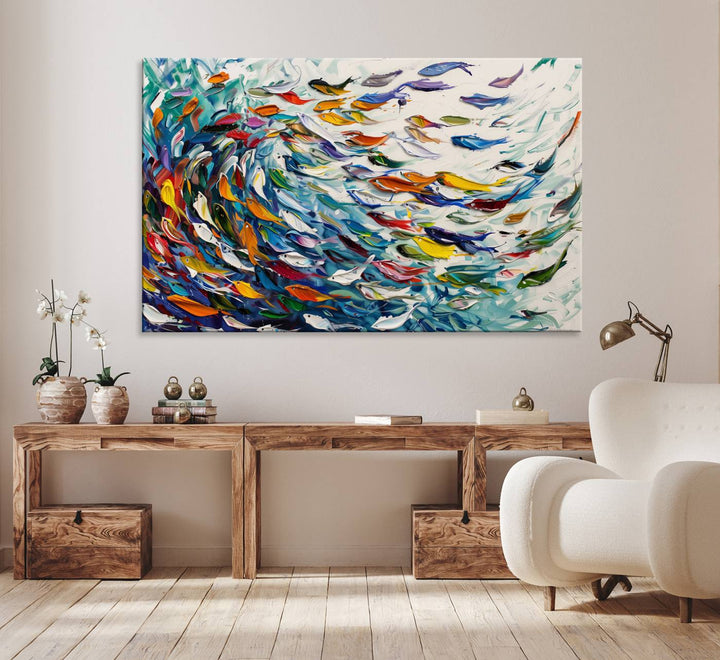 Modern Abstract Fish Shoal Wall Art Canvas Print, Colorful Fish Herd Painting on Canvas Print, Ocean Animal Artwork Ready to Hang Home Decor
