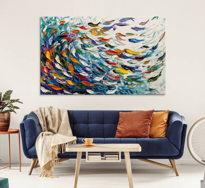 Modern Abstract Fish Shoal Wall Art Canvas Print, Colorful Fish Herd Painting on Canvas Print, Ocean Animal Artwork Ready to Hang Home Decor