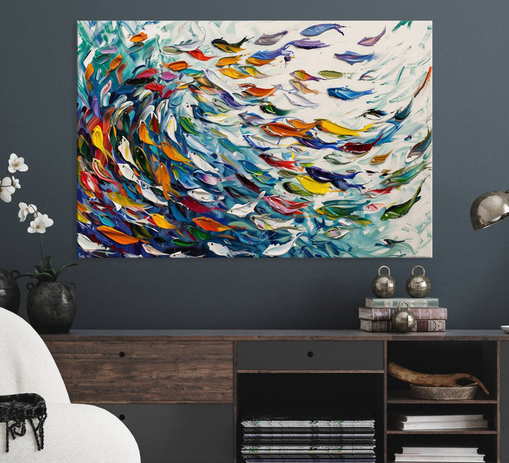 Modern Abstract Fish Shoal Wall Art Canvas Print, Colorful Fish Herd Painting on Canvas Print, Ocean Animal Artwork Ready to Hang Home Decor