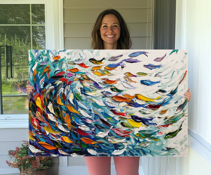 Modern Abstract Fish Shoal Wall Art Canvas Print, Colorful Fish Herd Painting on Canvas Print, Ocean Animal Artwork Ready to Hang Home Decor