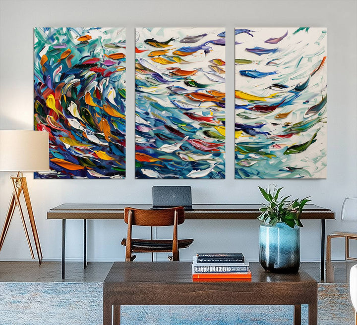 Modern Abstract Fish Shoal Wall Art Canvas Print, Colorful Fish Herd Painting on Canvas Print, Ocean Animal Artwork Ready to Hang Home Decor