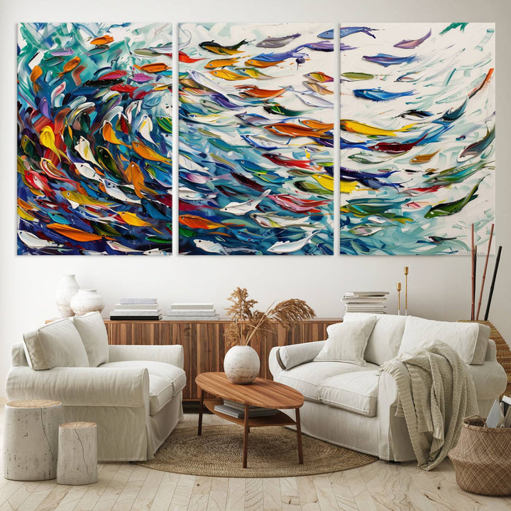 Modern Abstract Fish Shoal Wall Art Canvas Print, Colorful Fish Herd Painting on Canvas Print, Ocean Animal Artwork Ready to Hang Home Decor