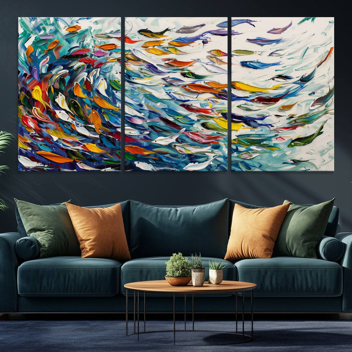 Modern Abstract Fish Shoal Wall Art Canvas Print, Colorful Fish Herd Painting on Canvas Print, Ocean Animal Artwork Ready to Hang Home Decor
