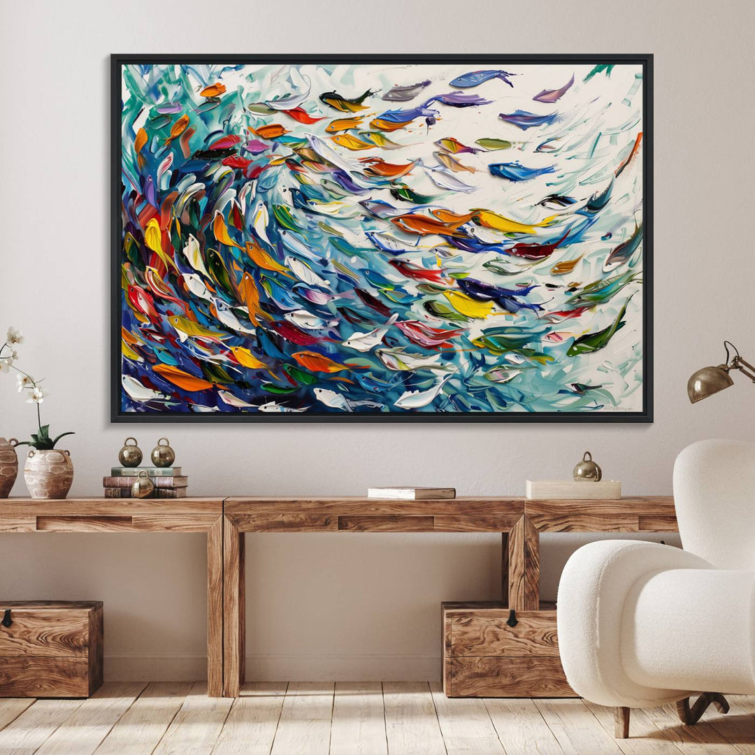 80105-MGV-FC-36X24_Black-Modern Abstract Fish Shoal Wall Art Canvas Print, Colorful Fish Herd Painting on Canvas Print, Ocean Animal Artwork Ready to Hang Home Decor