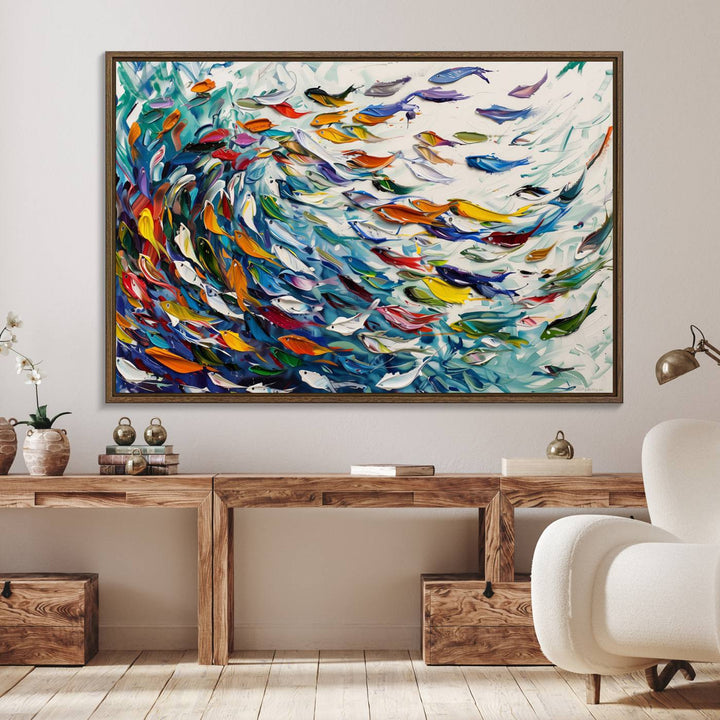 80105-MGV-FC-36X24_Walnut-Modern Abstract Fish Shoal Wall Art Canvas Print, Colorful Fish Herd Painting on Canvas Print, Ocean Animal Artwork Ready to Hang Home Decor
