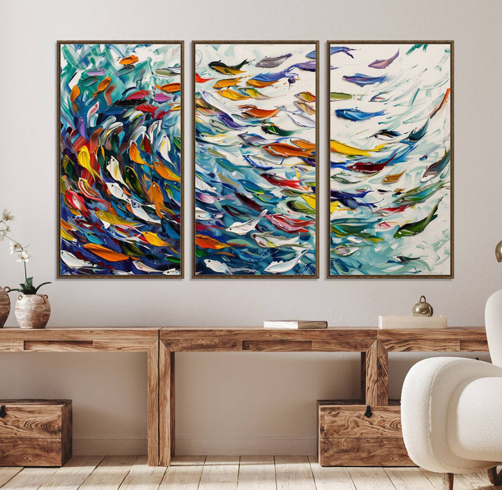 80105-MGV-FC-48X32-3P_Walnut-Modern Abstract Fish Shoal Wall Art Canvas Print, Colorful Fish Herd Painting on Canvas Print, Ocean Animal Artwork Ready to Hang Home Decor