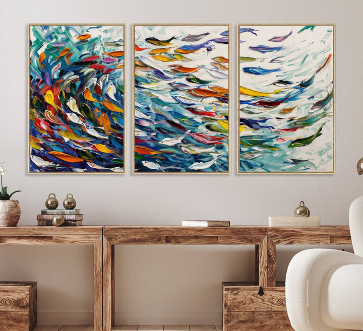 80105-MGV-FC-60X30-3P_Natural-Modern Abstract Fish Shoal Wall Art Canvas Print, Colorful Fish Herd Painting on Canvas Print, Ocean Animal Artwork Ready to Hang Home Decor