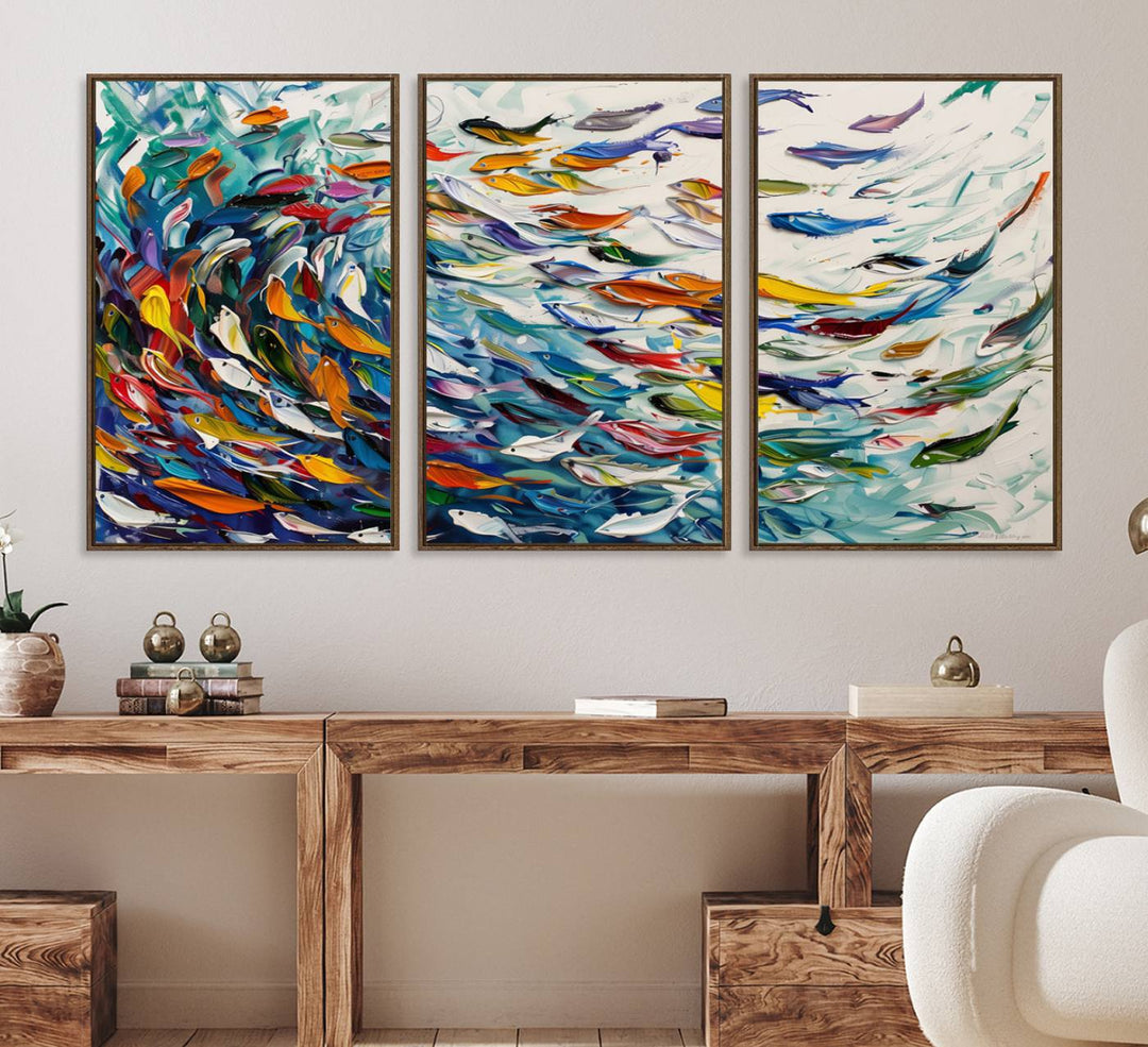 80105-MGV-FC-60X30-3P_Walnut-Modern Abstract Fish Shoal Wall Art Canvas Print, Colorful Fish Herd Painting on Canvas Print, Ocean Animal Artwork Ready to Hang Home Decor