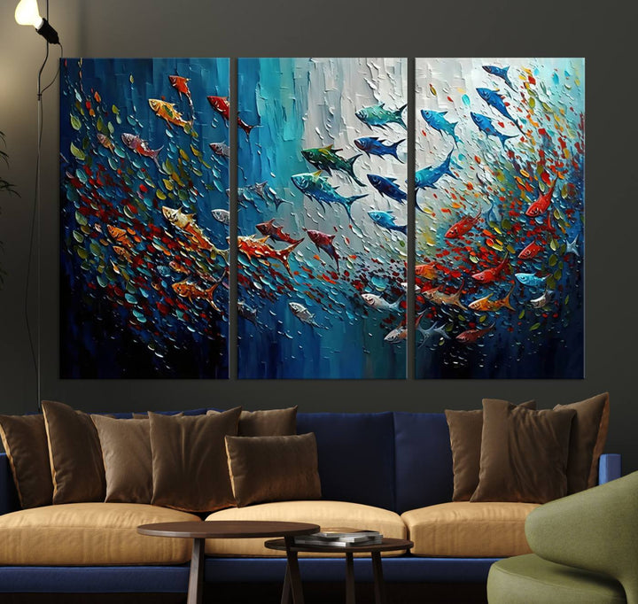 Modern Abstract Fish Shoal Wall Art Canvas Print, Colorful Fish Herd Painting on Canvas Print, Ocean Animal Artwork Ready to Hang Home Decor
