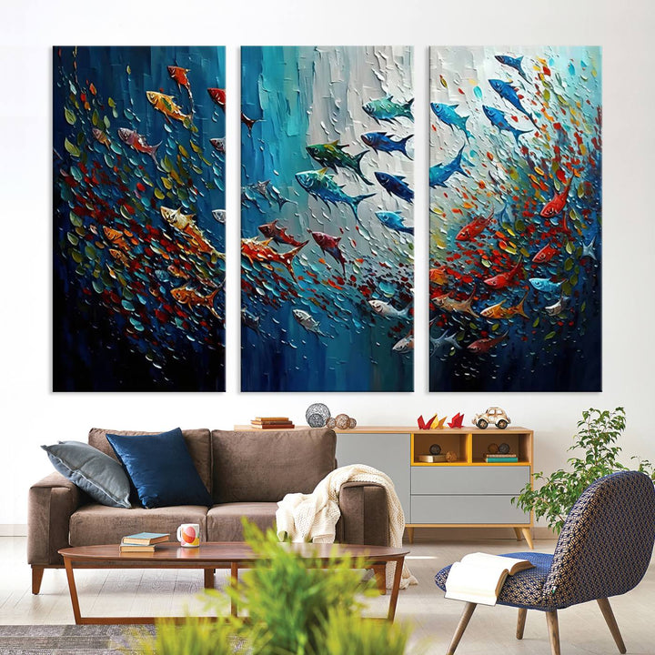 Modern Abstract Fish Shoal Wall Art Canvas Print, Colorful Fish Herd Painting on Canvas Print, Ocean Animal Artwork Ready to Hang Home Decor