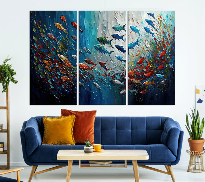 Modern Abstract Fish Shoal Wall Art Canvas Print, Colorful Fish Herd Painting on Canvas Print, Ocean Animal Artwork Ready to Hang Home Decor