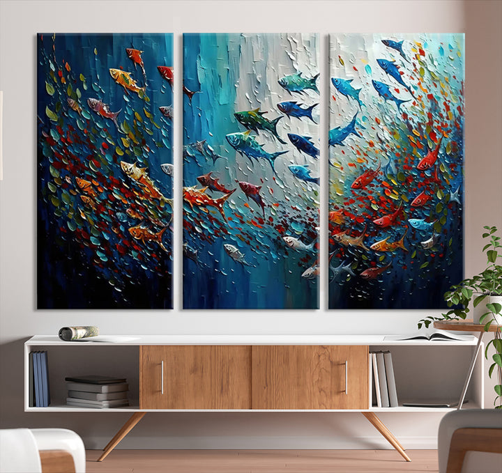 Modern Abstract Fish Shoal Wall Art Canvas Print, Colorful Fish Herd Painting on Canvas Print, Ocean Animal Artwork Ready to Hang Home Decor
