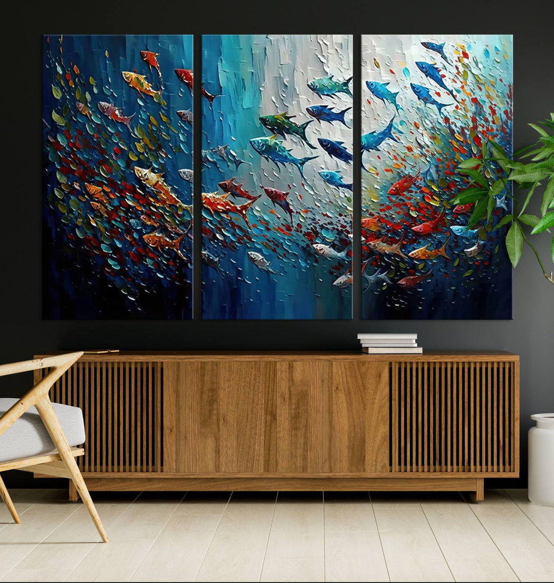 Modern Abstract Fish Shoal Wall Art Canvas Print, Colorful Fish Herd Painting on Canvas Print, Ocean Animal Artwork Ready to Hang Home Decor